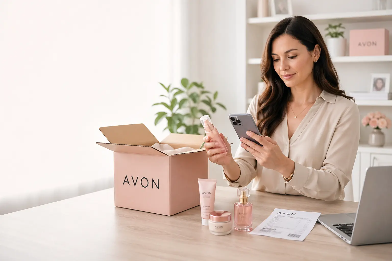 Представниця Avon перевіряє товар, інвойс і коробку перед поверненням